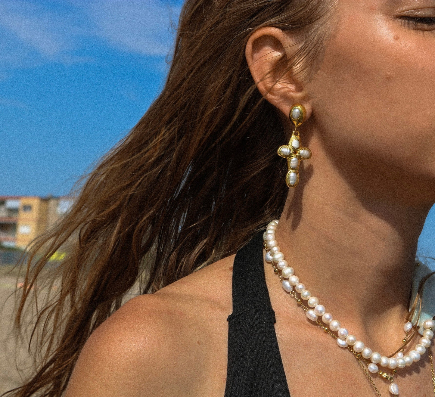 Molten Cross Earrings - Natural Pearl