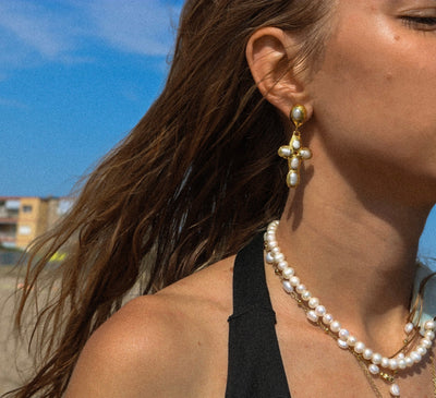 Molten Cross Earrings - Natural Pearl