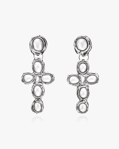Molten Cross Earrings - Natural Pearl