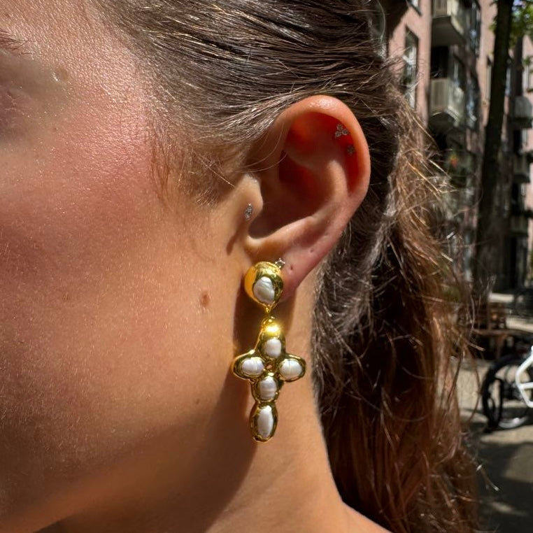 Molten Cross Earrings - Natural Pearl