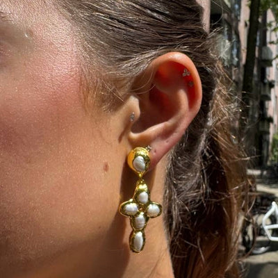 Molten Cross Earrings - Natural Pearl
