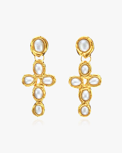 Molten Cross Earrings - Natural Pearl