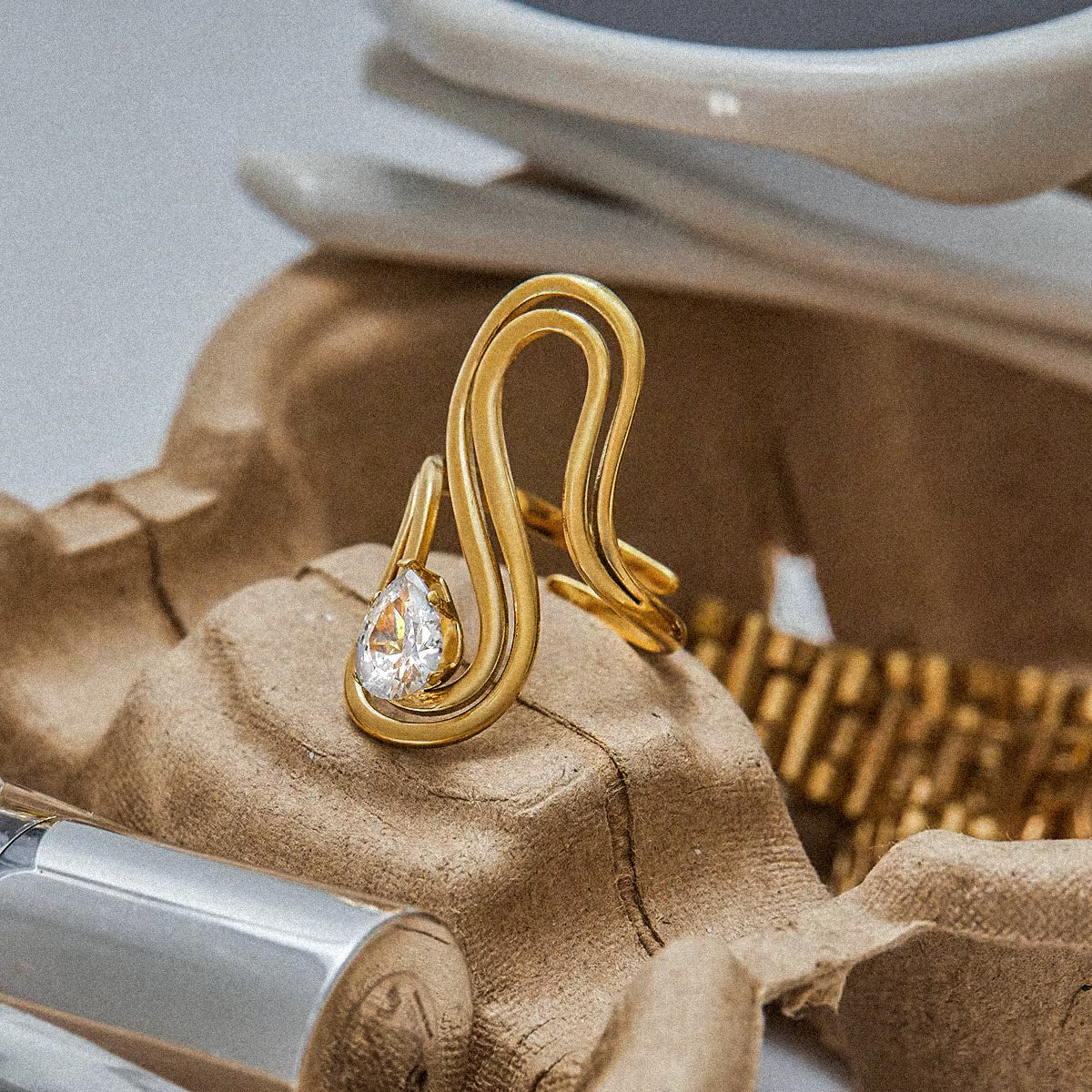 Wave Shape Diamante Ring